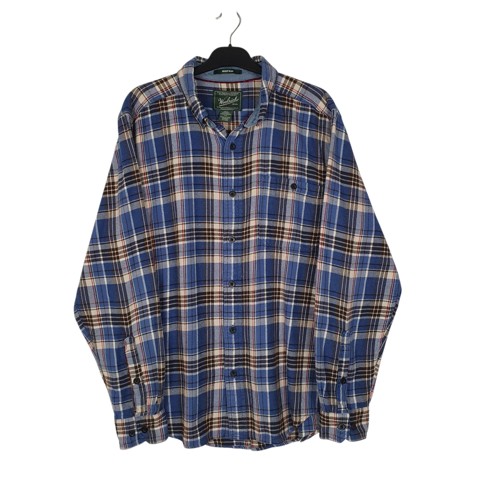 Mens Blue Woolrich Trout Run Thick Flannel Plaid Long Sleeve Shirt
