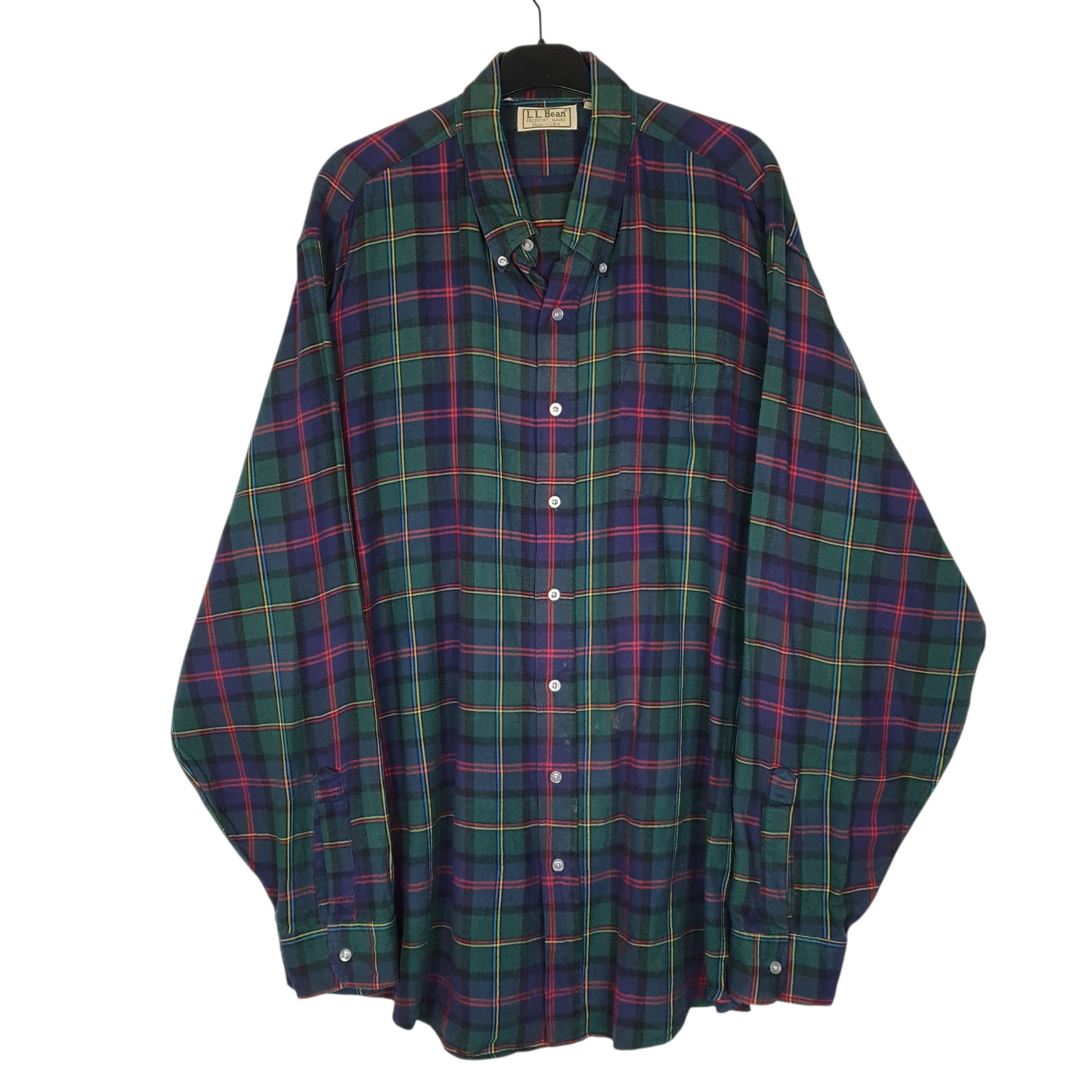 Mens Green L.L.Bean Vintage 90s Made In USA Scotch Plaid Flannel Long Sleeve Shirt