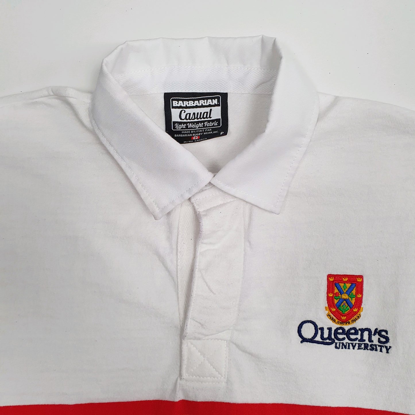Mens White Barbarian Queens University Rugby Crewneck Polo Shirt
