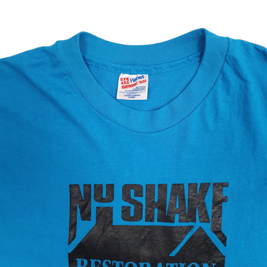 Mens Blue Hanes Single Stitch Vintage 90s Roofing  T Shirt