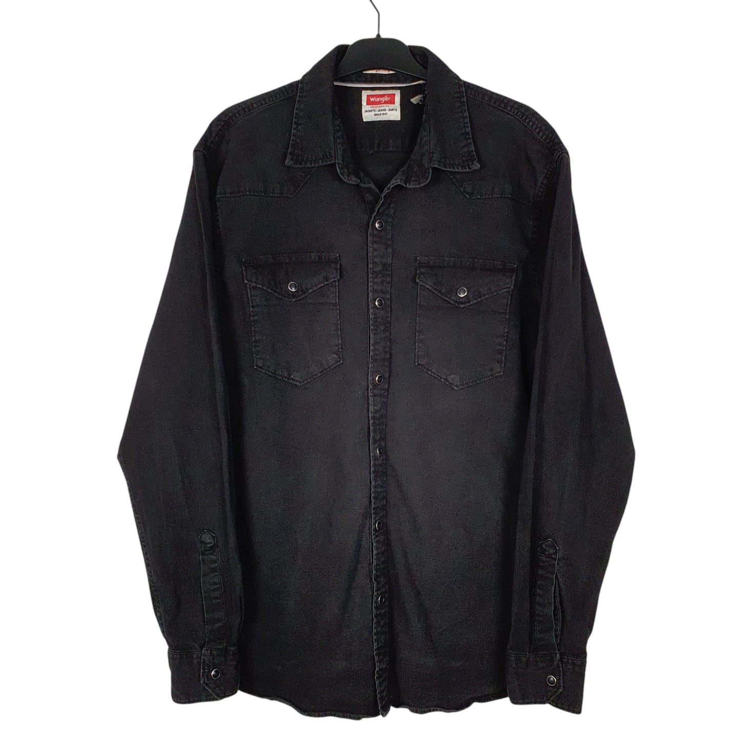 Mens Black Wrangler Denim Cowboy Pearl Snap Long Sleeve Shirt