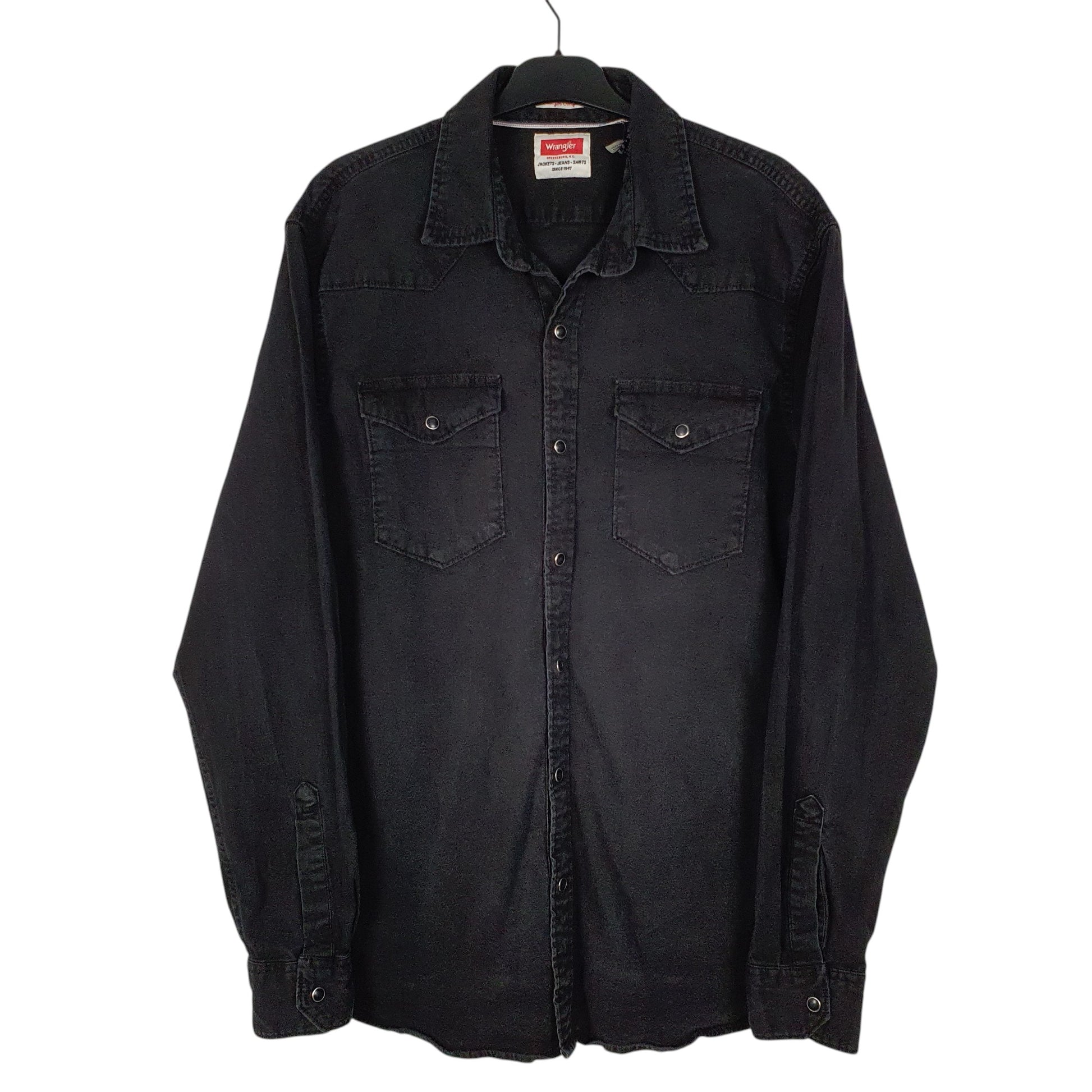 Mens Black Wrangler Denim Cowboy Pearl Snap Long Sleeve Shirt