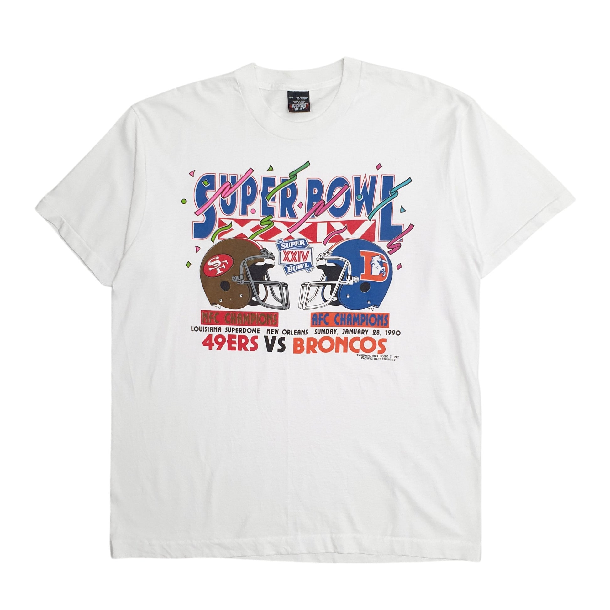 Mens White Screen Stars Single Stitch 1989 Superbowl NFL 49ers Broncos Short Sleeve T Shirt