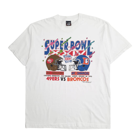 Mens White Screen Stars Single Stitch 1989 Superbowl NFL 49ers Broncos Short Sleeve T Shirt