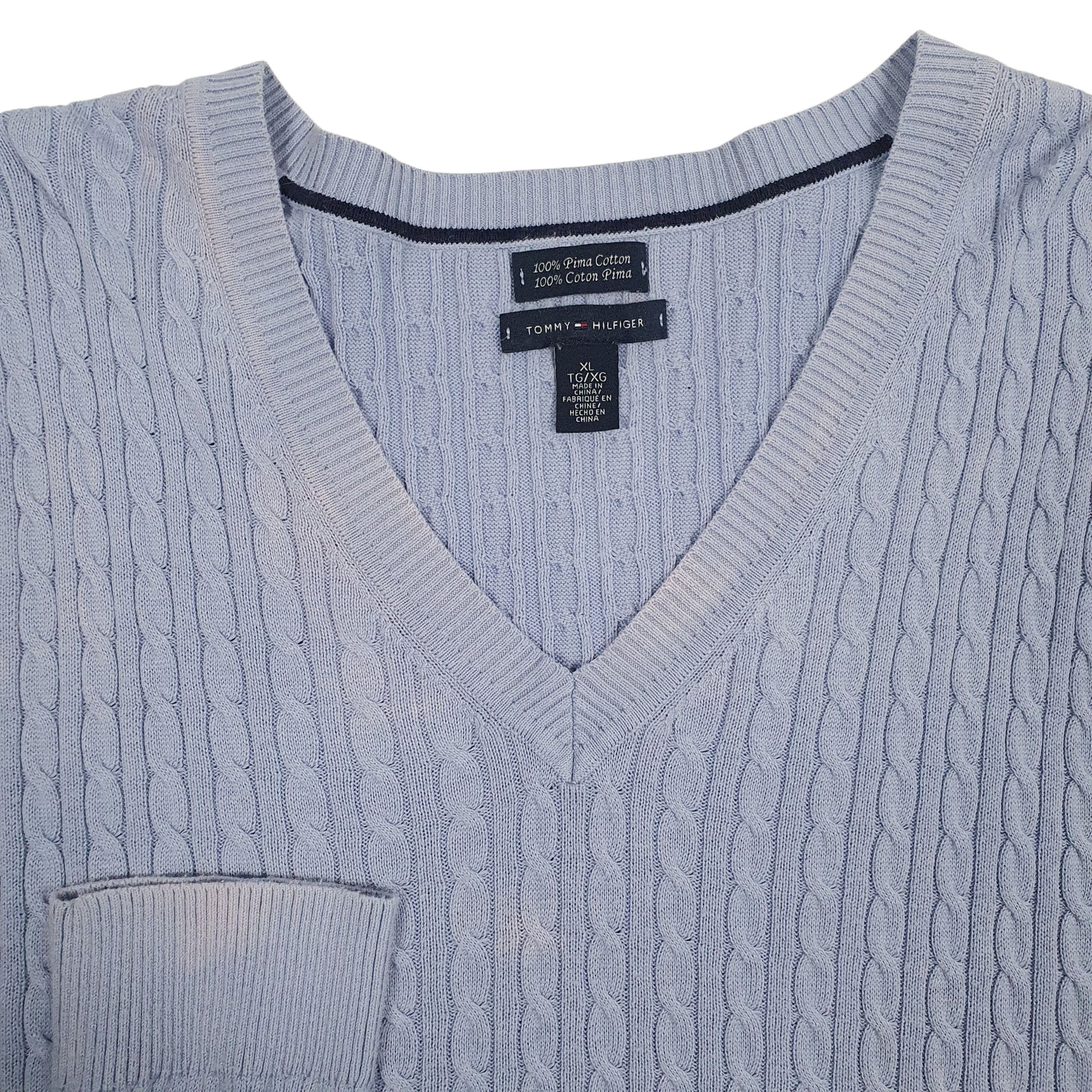 Womens Blue Tommy Hilfiger Cable Knit Knitwear V Neck Jumper