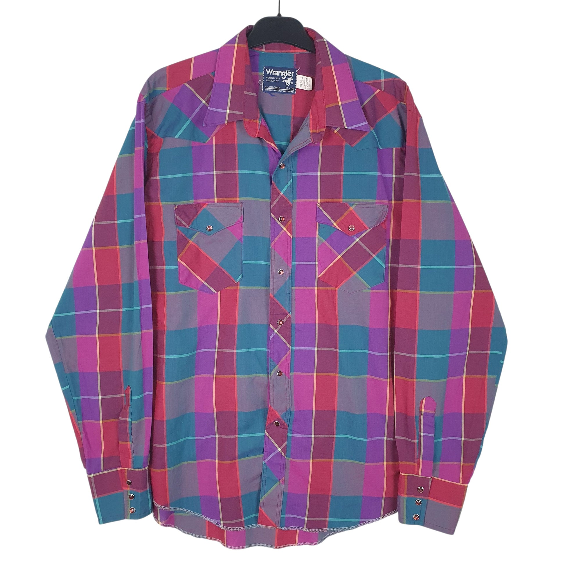 Mens Blue Wrangler Vintage 90s Pearl Snap Made In USA Long Sleeve Shirt