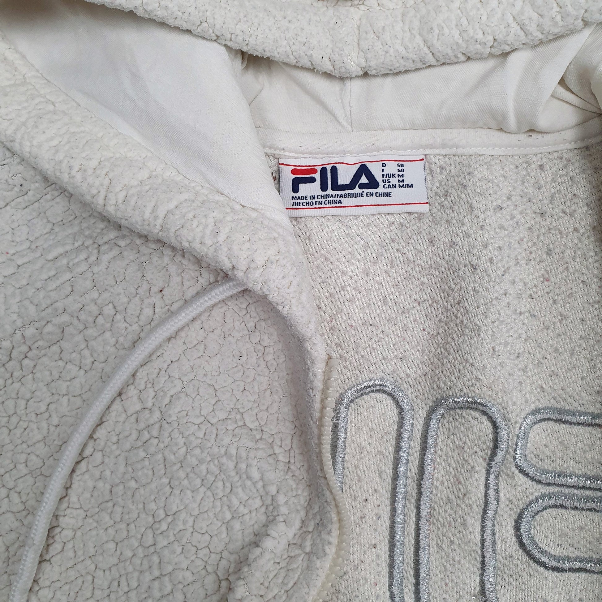 Mens White Fila Hoodie Sherpa Full Zip Jumper