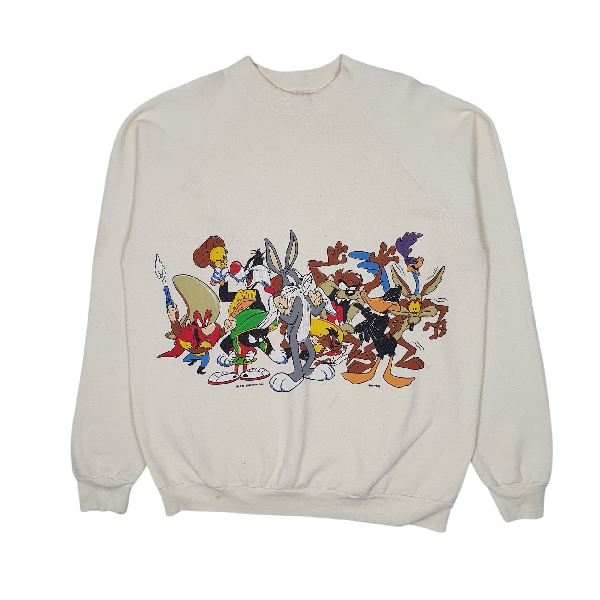 Mens Cream Fruit Of The Loom Vintage 90s 1994 Looney Tunes Crewneck Jumper