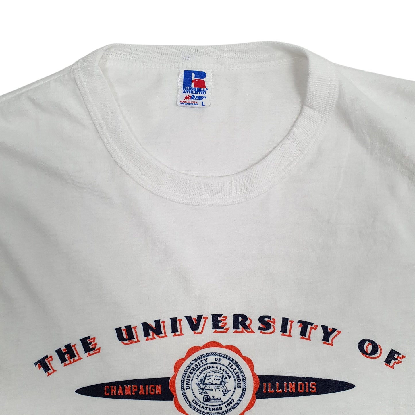 Mens White Russell Athletic Single Stitch Vintage 90s Illinois University  T Shirt