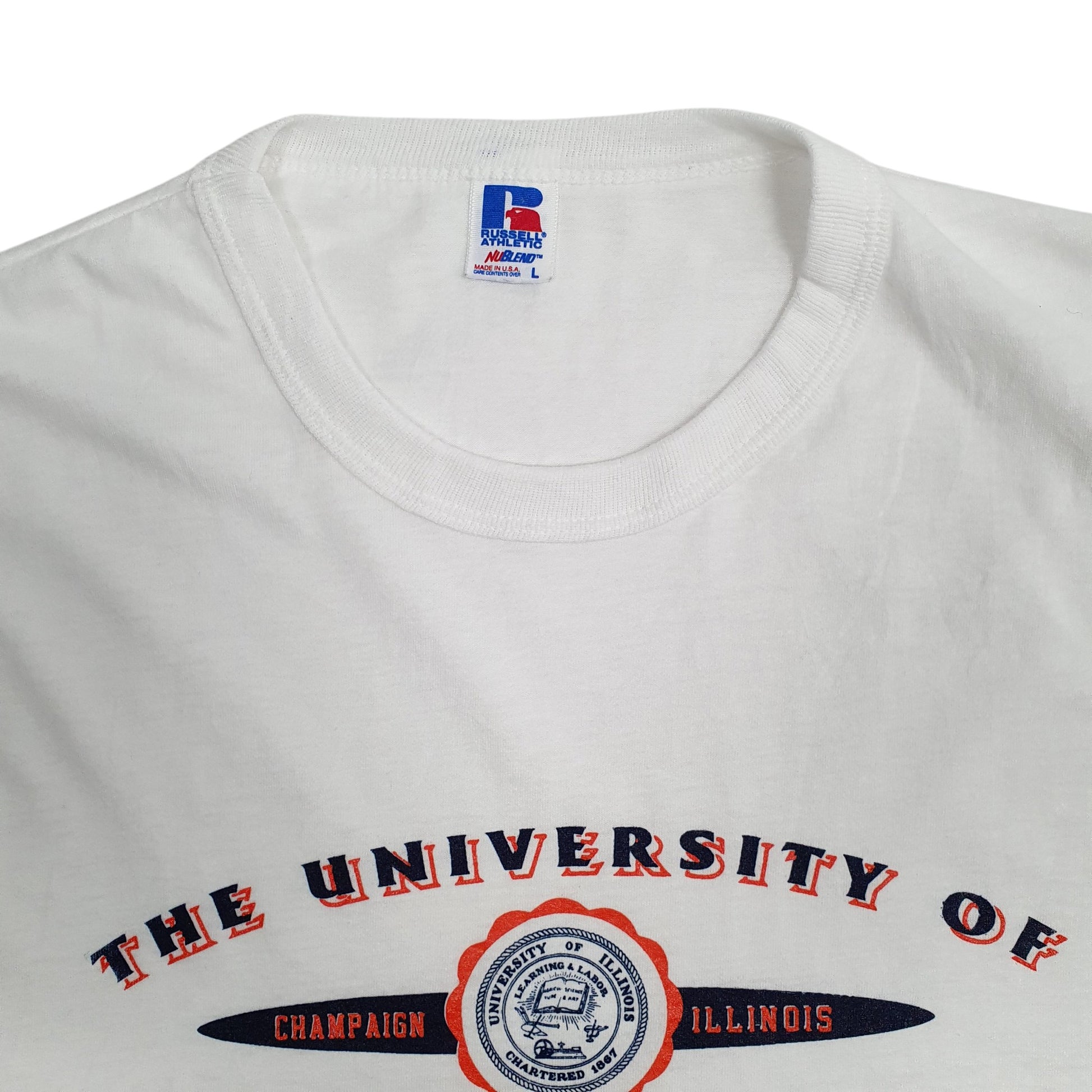 Mens White Russell Athletic Single Stitch Vintage 90s Illinois University  T Shirt