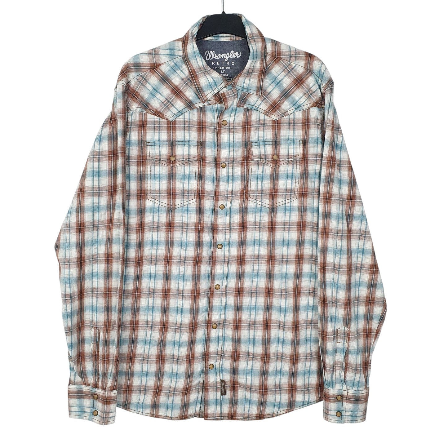 Mens Blue Wrangler Pearl Snap Retro Long Sleeve Shirt