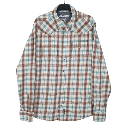 Mens Blue Wrangler Pearl Snap Retro Long Sleeve Shirt
