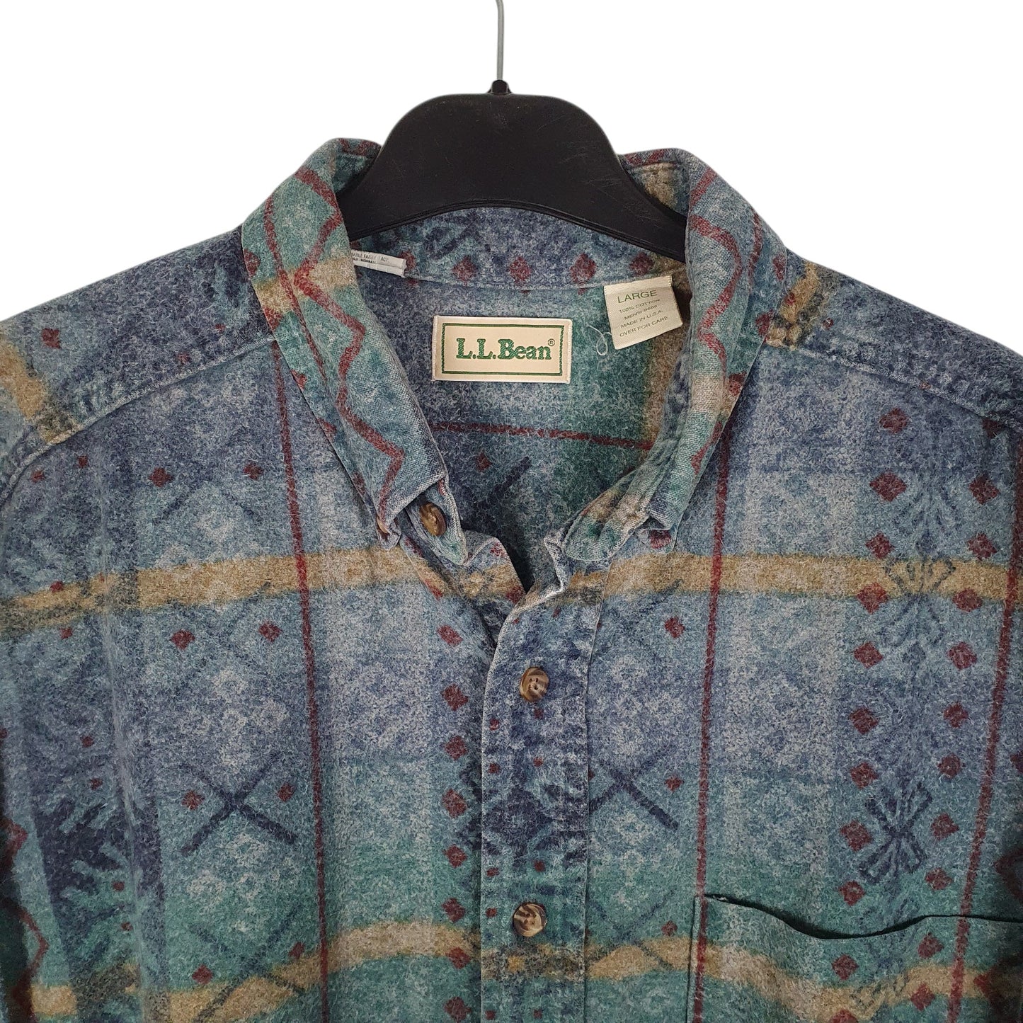 Mens Blue L.L.Bean Vintage 90s Made in USA Chamois Aztec  Shirt