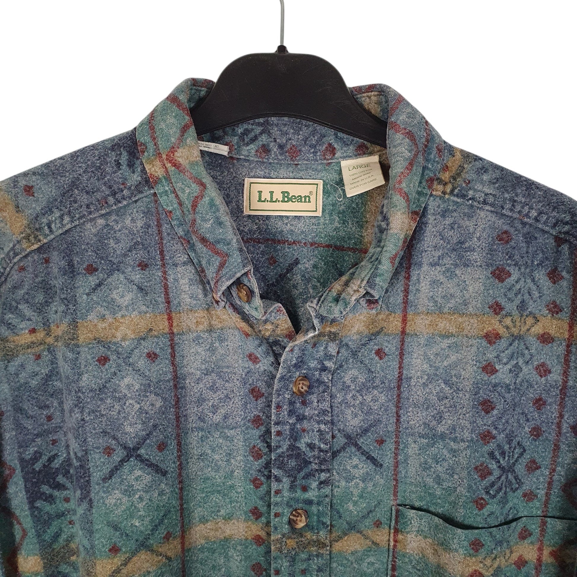 Mens Blue L.L.Bean Vintage 90s Made in USA Chamois Aztec  Shirt