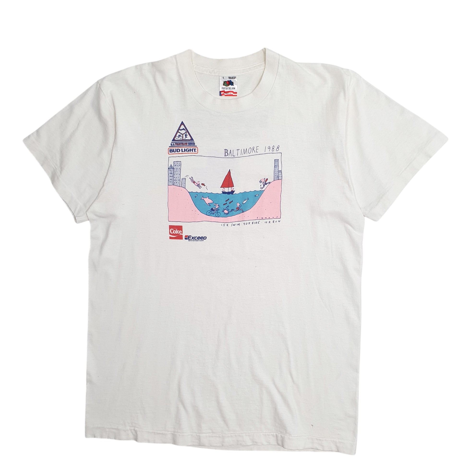 Mens White Fruit Of The Loom Single Stitch Vintage 80s Baltimore Triathalon Short Sleeve T Shirt