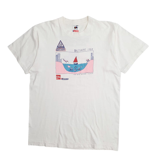 Mens White Fruit Of The Loom Single Stitch Vintage 80s Baltimore Triathalon Short Sleeve T Shirt
