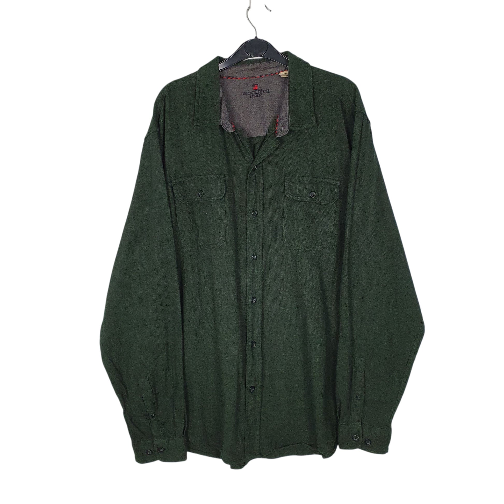 Mens Green Woolrich Thick Herringbone Long Sleeve Shirt