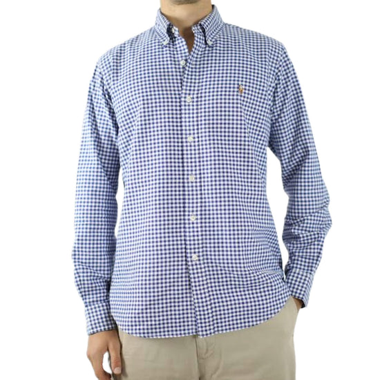 Shop By Category, Button Down Shirts. Specific image shows a blue polo Ralph Lauren Gingham Shirt being Modelled
