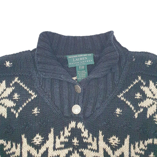 Lauren Ralph Lauren Button Up Crewneck Cotton Blend Sweatshirt Jumper Womens M