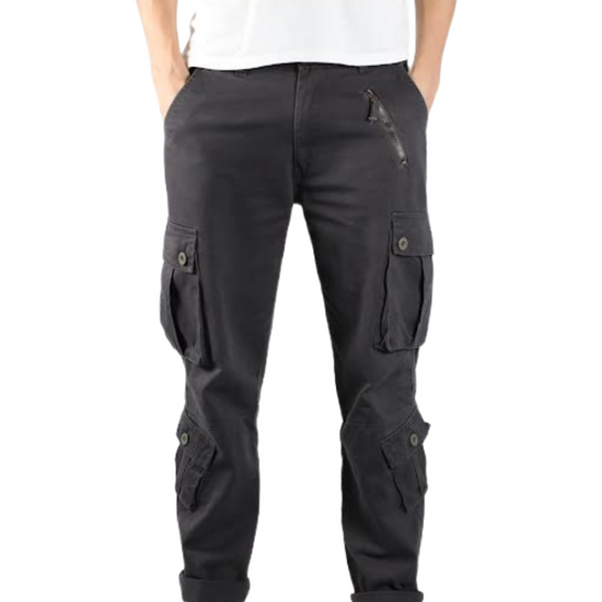 Shop By Category, Trousers & Jeans. Specific image shows a pair of black Cargo Trousers being Modelled