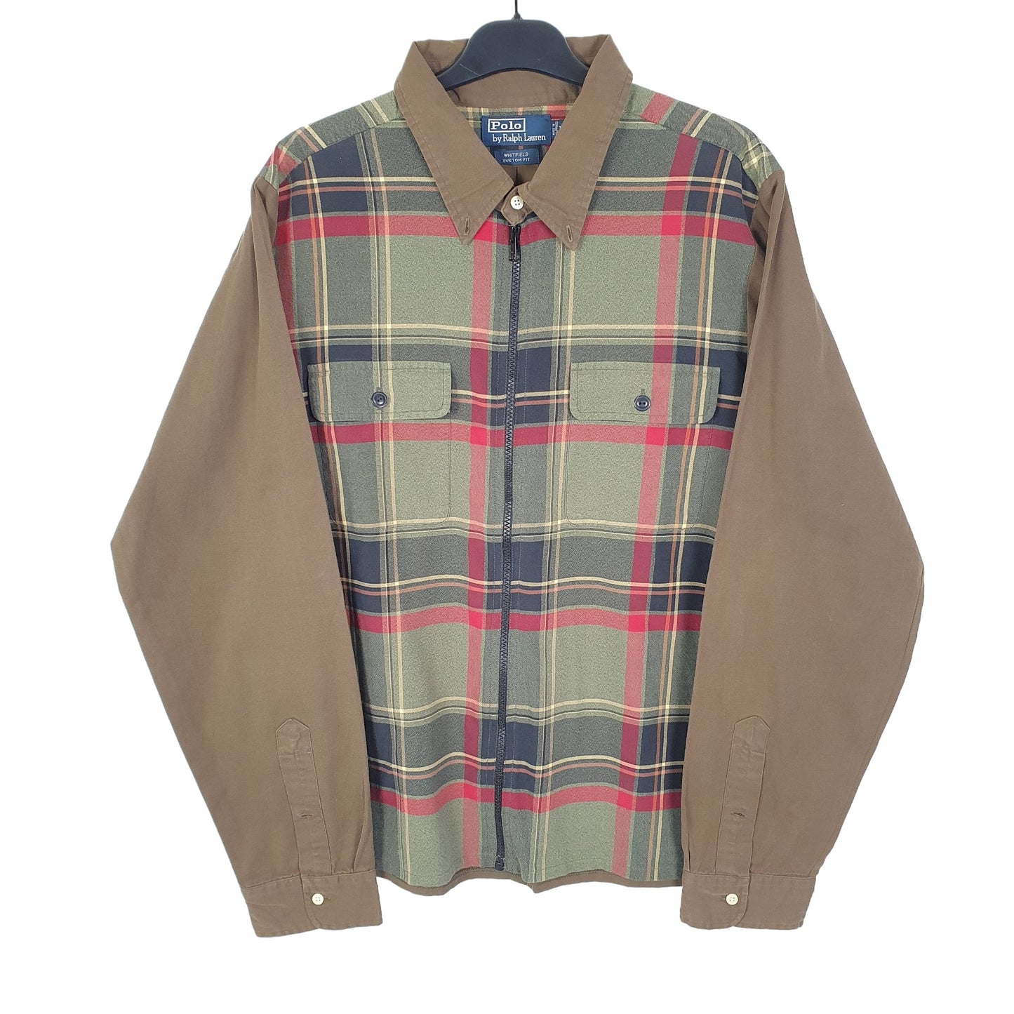 Ralph Lauren Zip Through Polo Whitfield 90s Long Sleeve Custom Fit Check Shirt Khaki