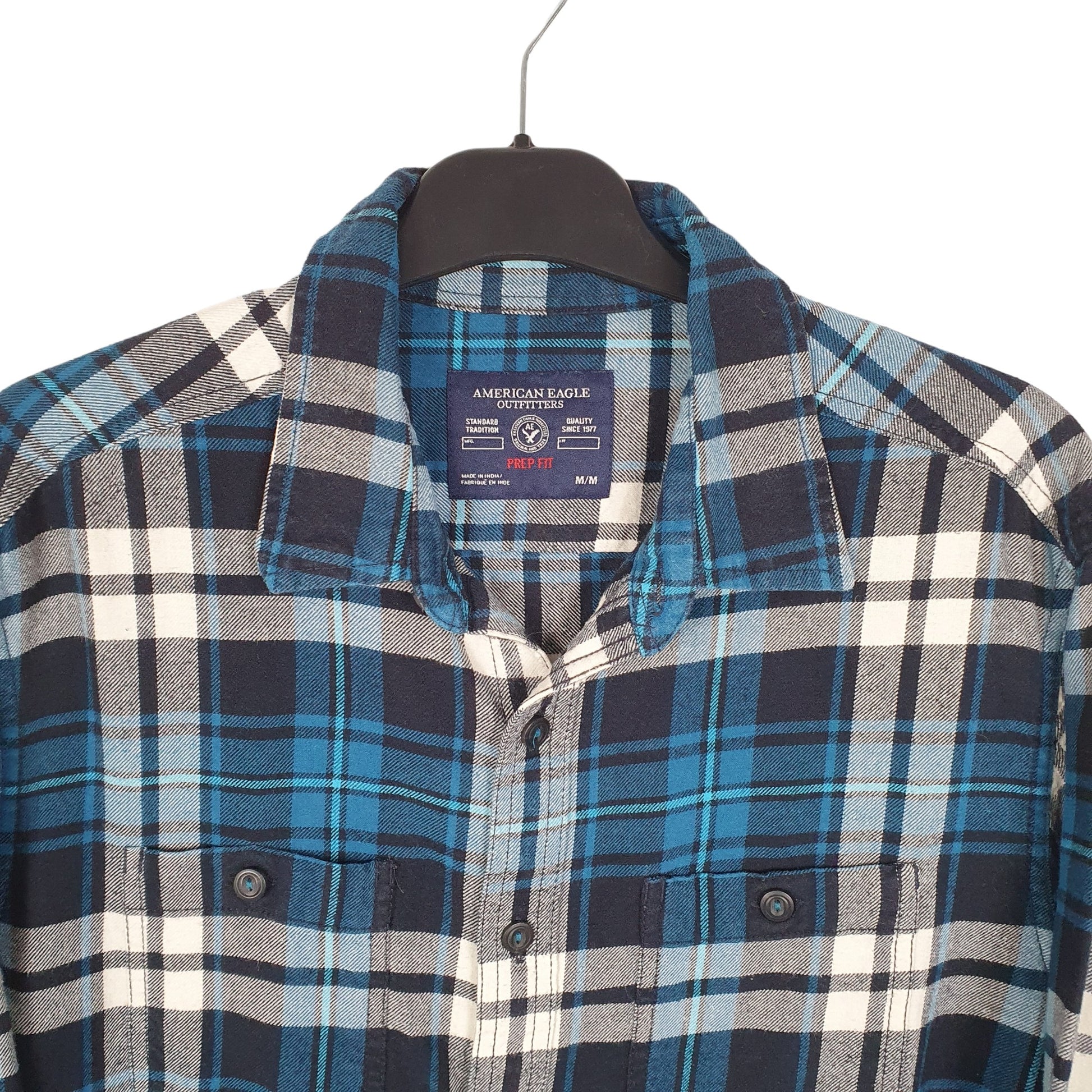 American Eagle Flannel Shacket Overshirt Long Sleeve Regular Fit Check Shirt Blue