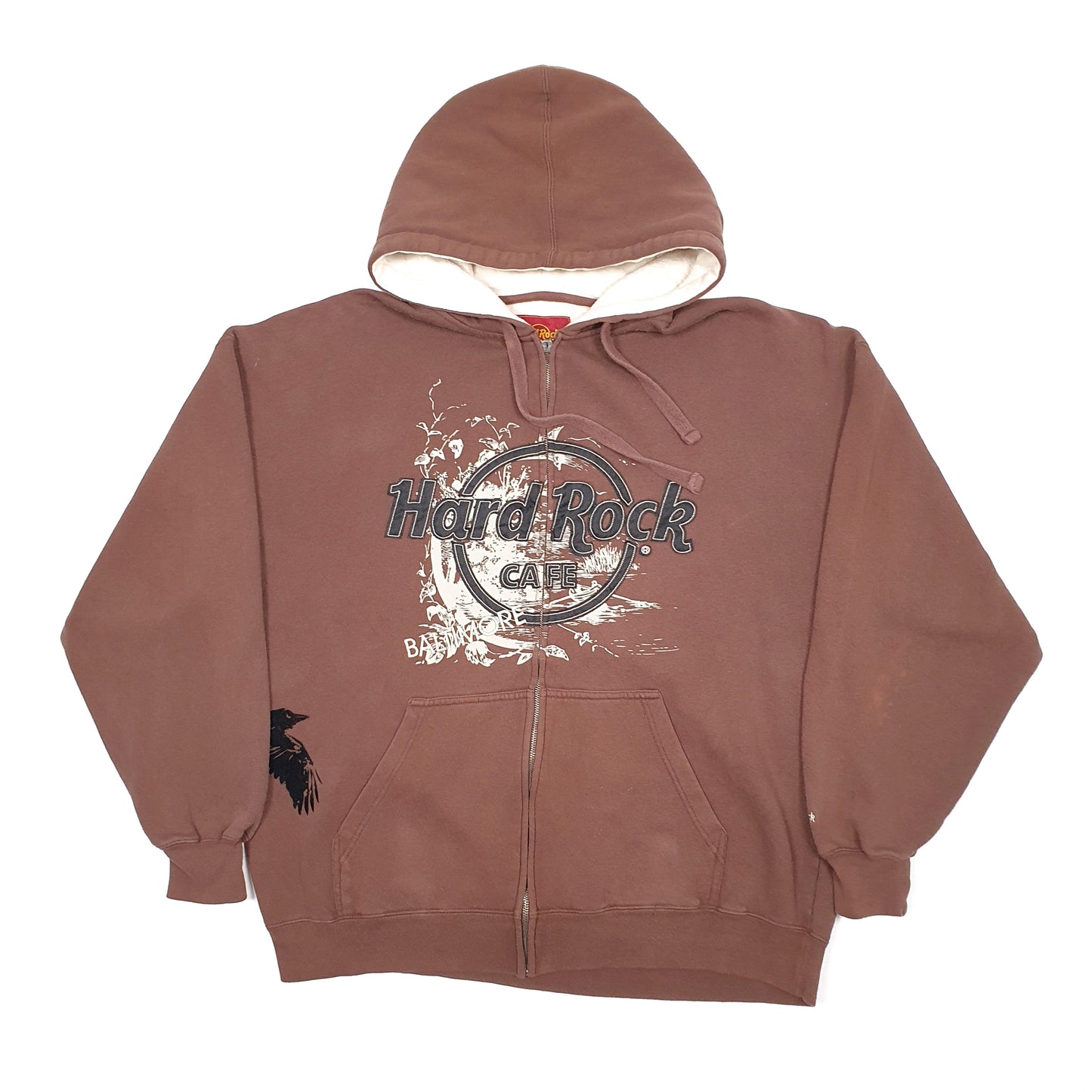 Mens Brown Hard Rock Cafe Baltimore Hoodie Full Zip Jumper
