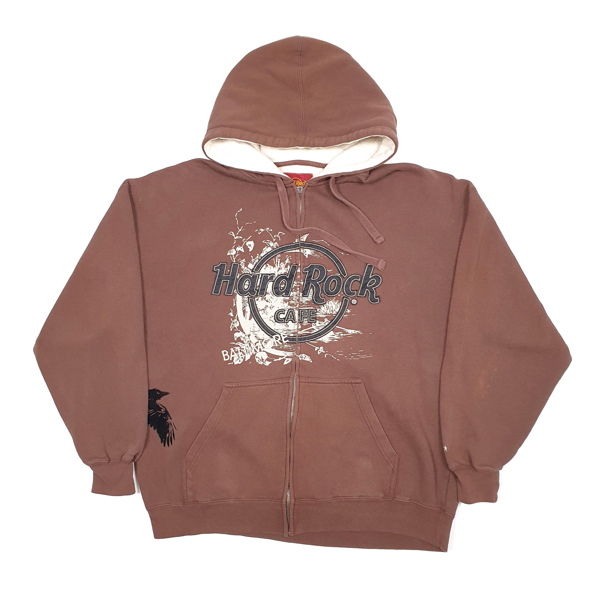 Mens Brown Hard Rock Cafe Baltimore Hoodie Full Zip Jumper