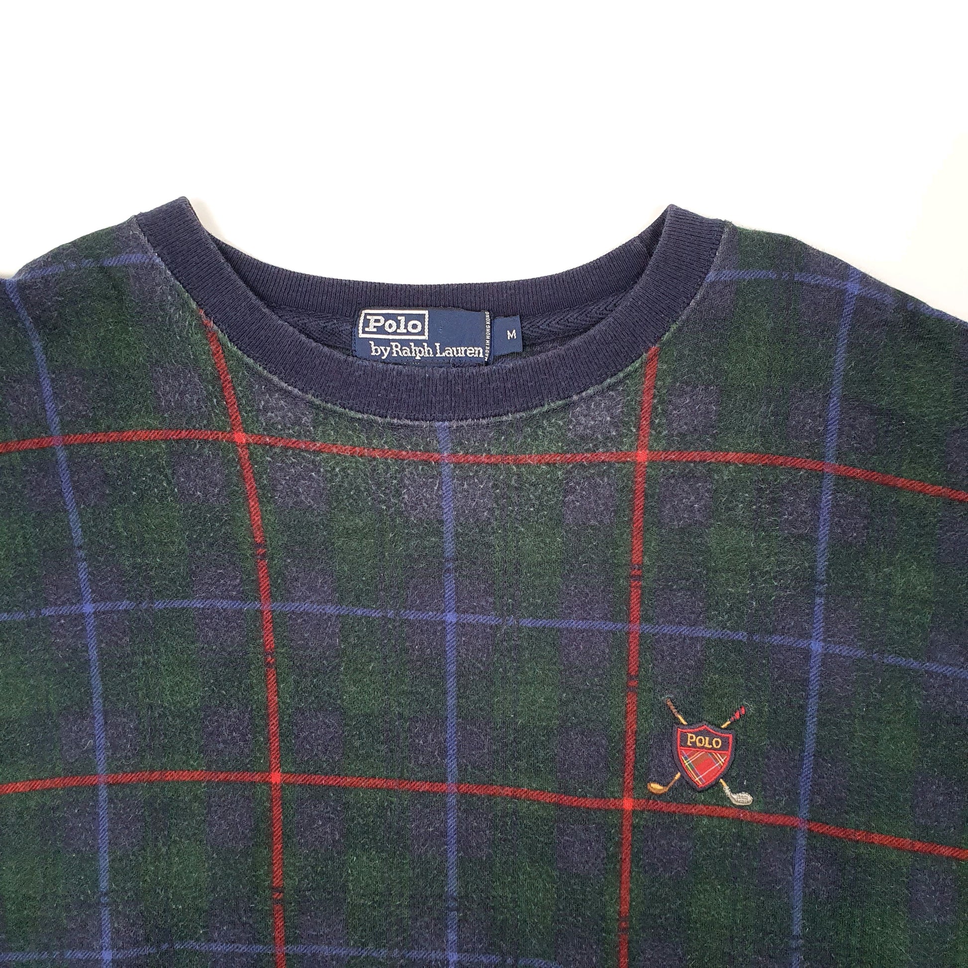 Mens Navy Polo Ralph Lauren Vintage Golf Tartan Check Crewneck Jumper