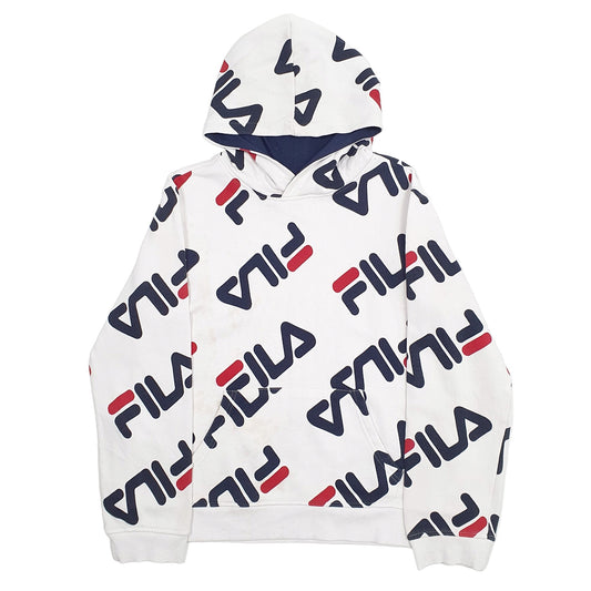 Mens White Fila Spellout Hoodie Jumper