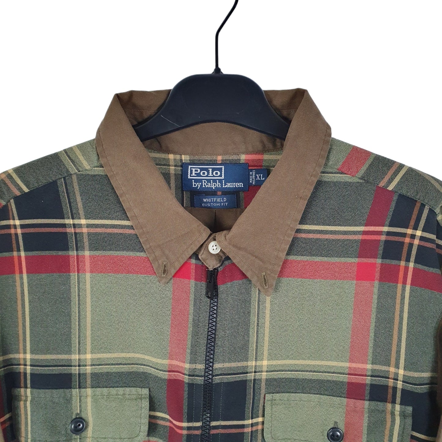 Ralph Lauren Zip Through Polo Whitfield 90s Long Sleeve Custom Fit Check Shirt Khaki