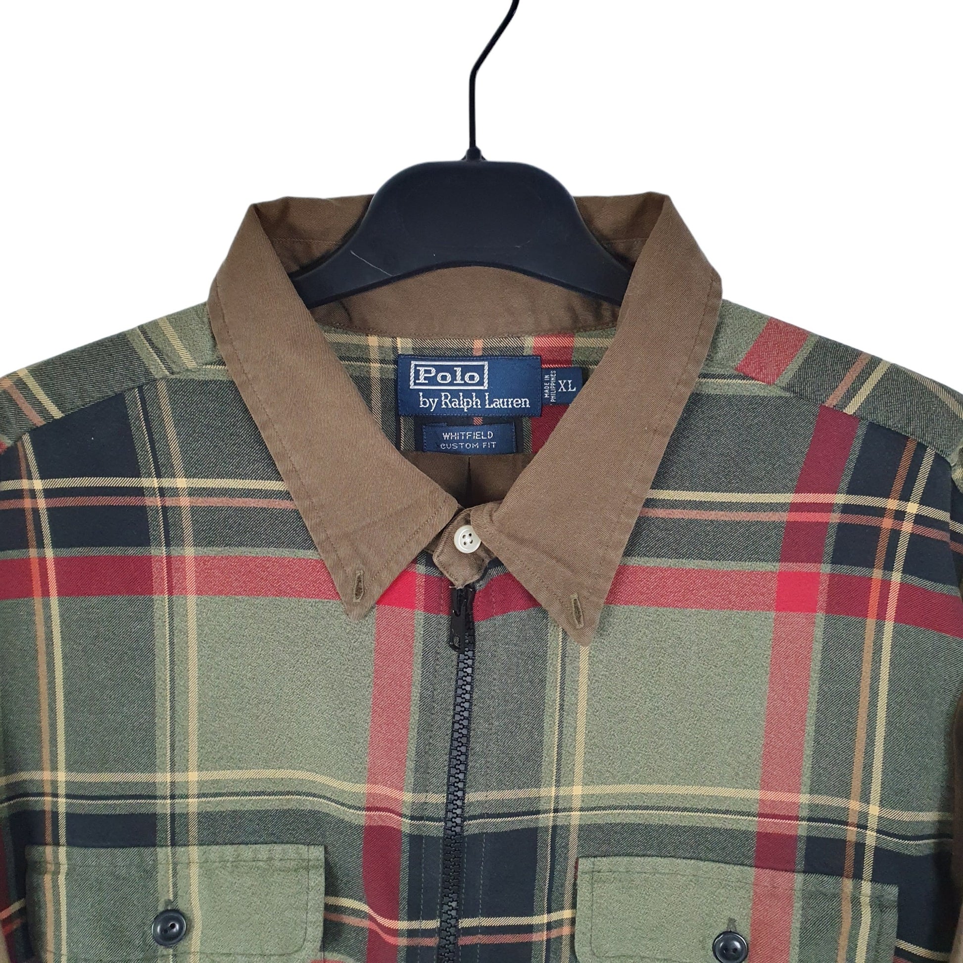 Ralph Lauren Zip Through Polo Whitfield 90s Long Sleeve Custom Fit Check Shirt Khaki