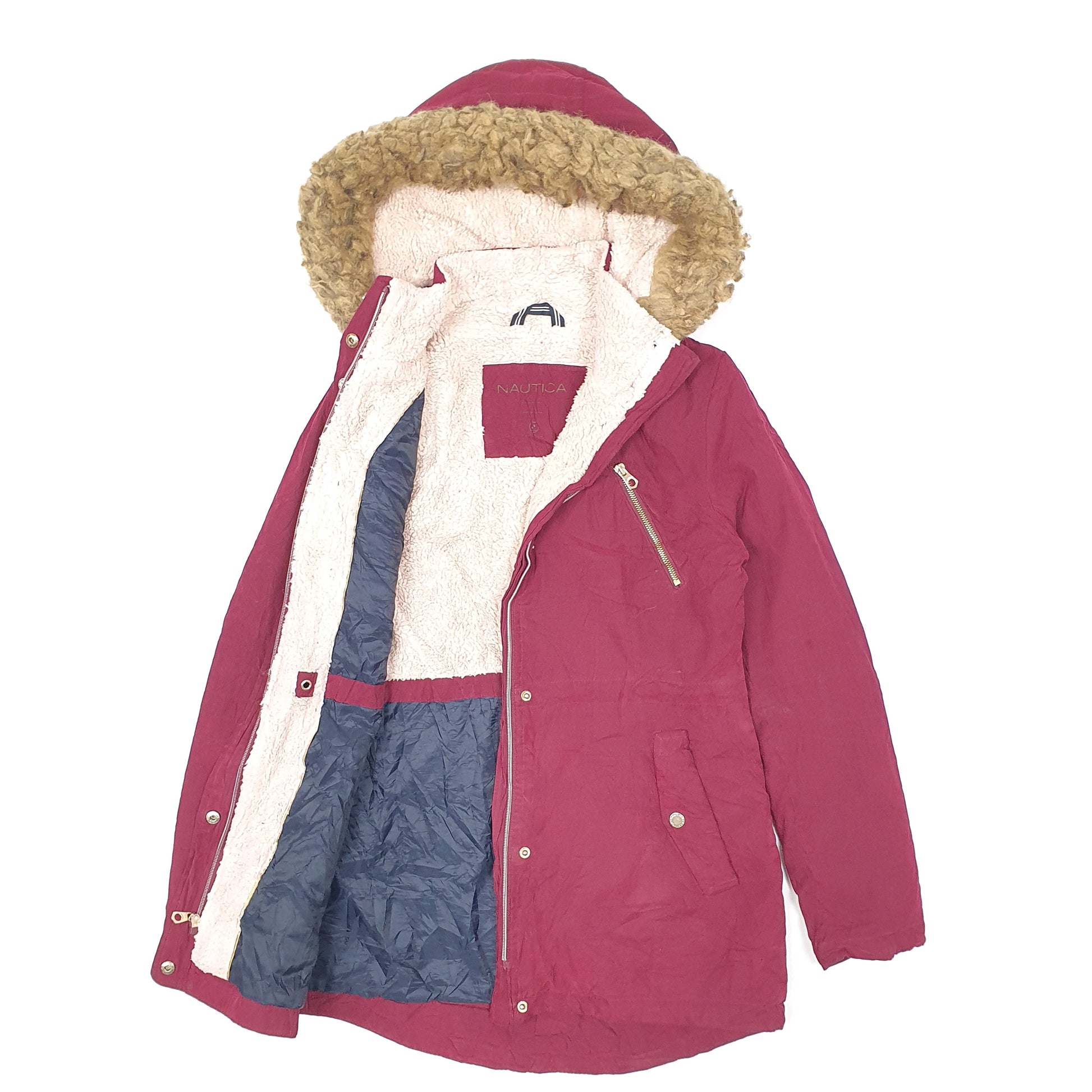 Womens Burgundy Nautica Sherpa Lined Longline Hooded Parka  Coat