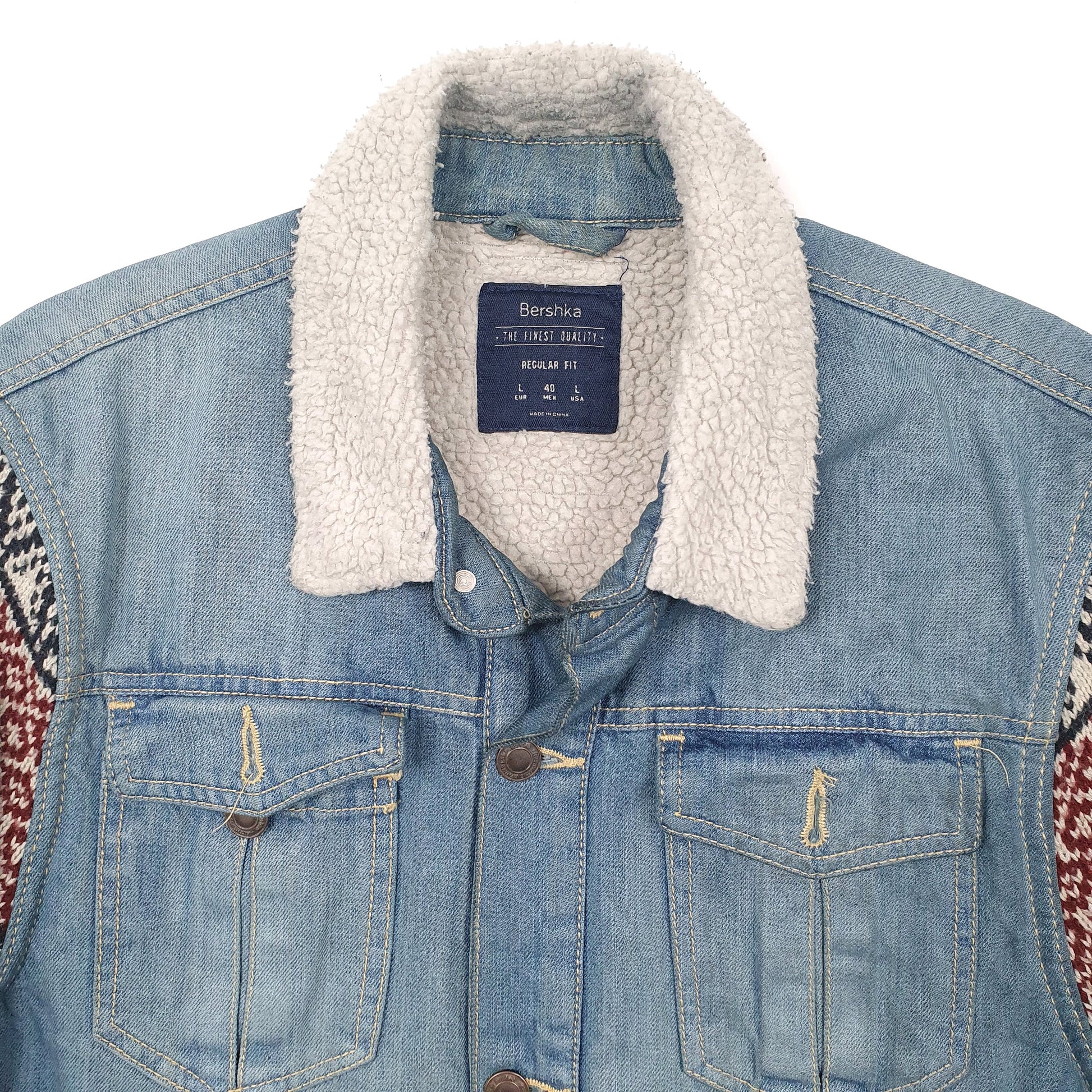 Womens Blue Bershka Sherpa Aztec Denim Jacket Coat