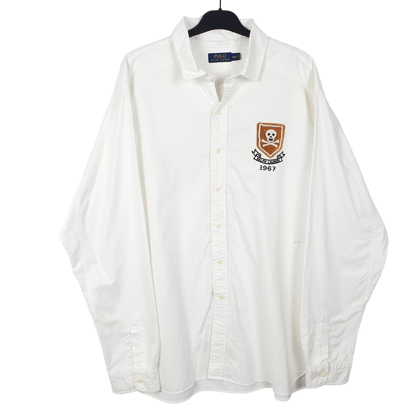 Mens White Ralph Lauren Oxford Skull Crossed Bones Polo Long Sleeve Shirt