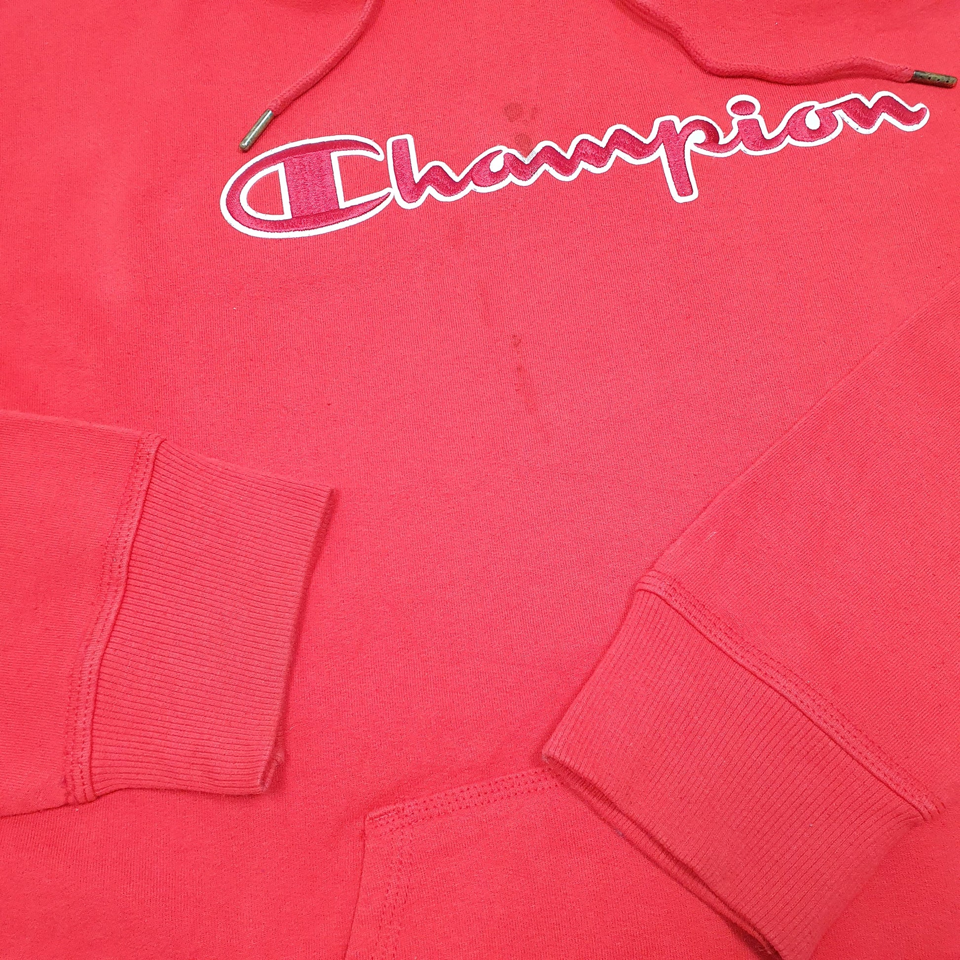 Mens Red Champion Spellout Hoodie Jumper