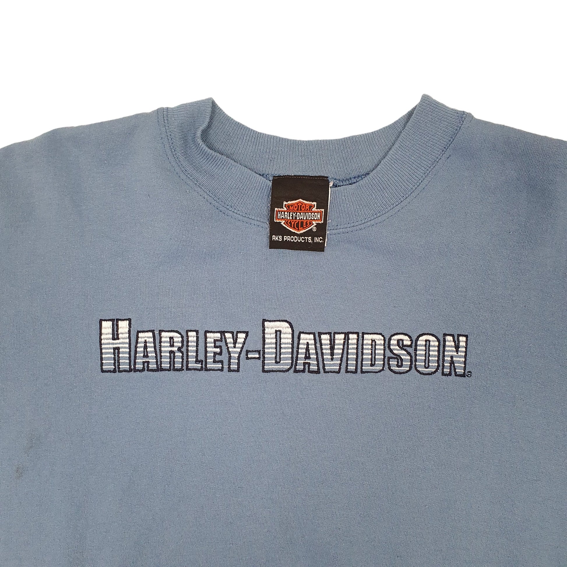 Mens Blue Harley Davidson Motorcycles Spellout USA Made Crewneck Jumper