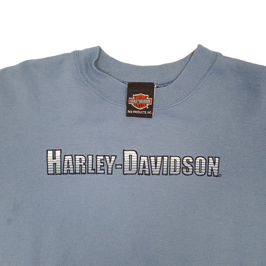 Mens Blue Harley Davidson Motorcycles Spellout USA Made Crewneck Jumper
