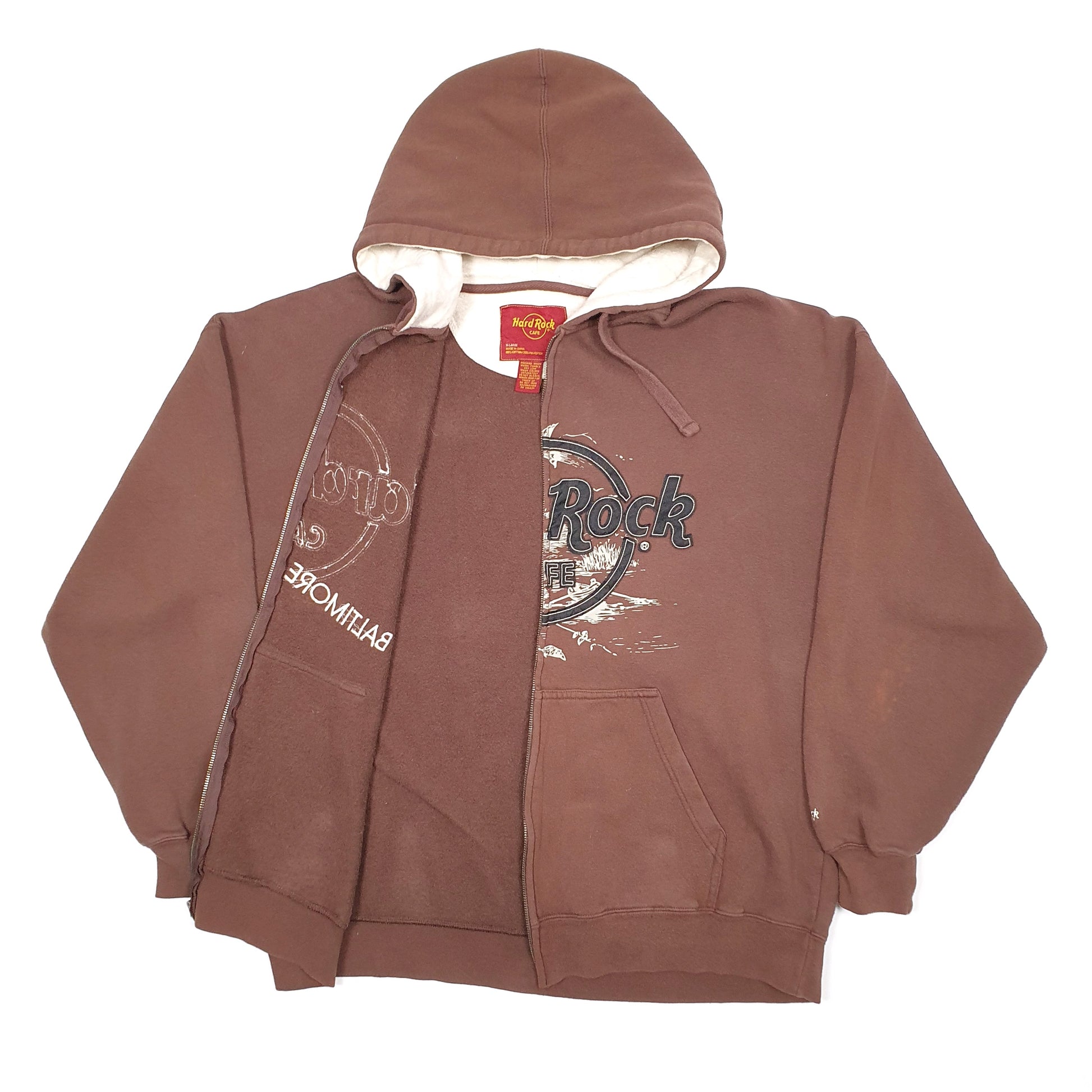 Mens Brown Hard Rock Cafe Baltimore Hoodie Full Zip Jumper