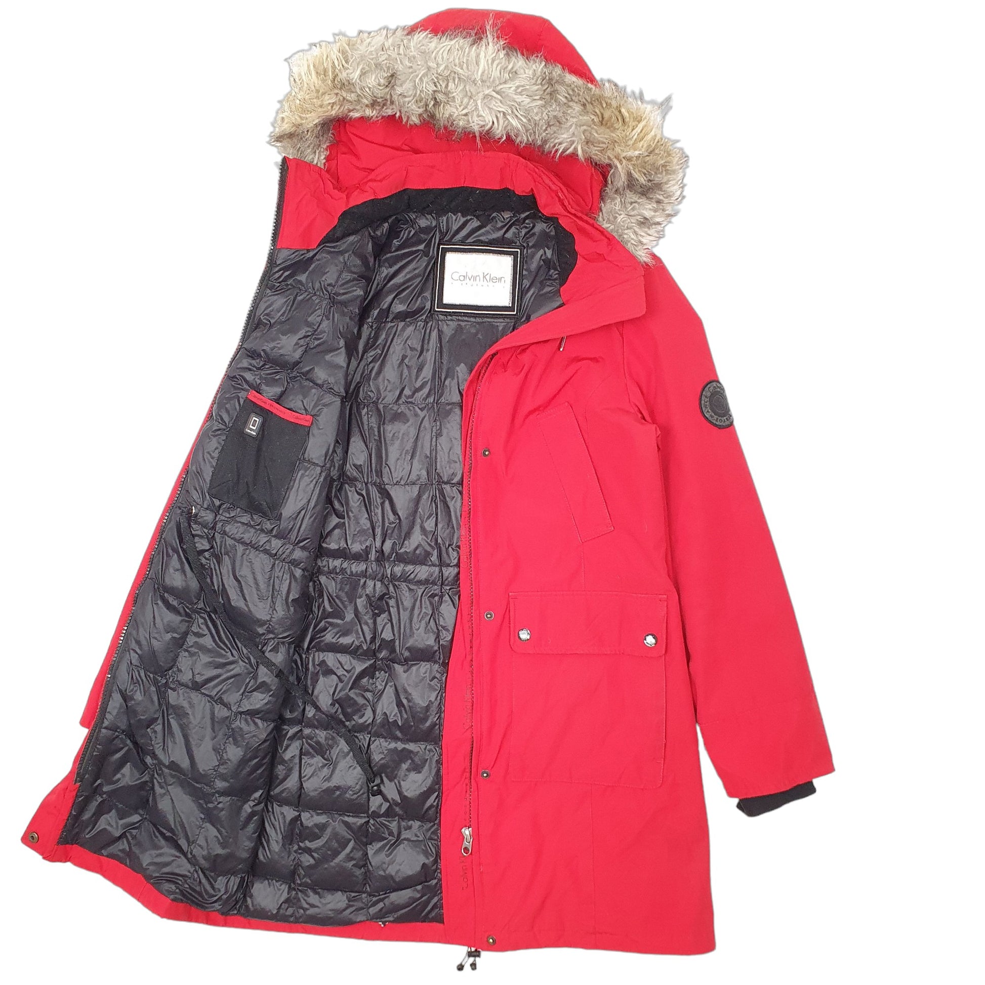 Womens Red Calvin Klein Longline Trench Artic Performance Puffer  Coat