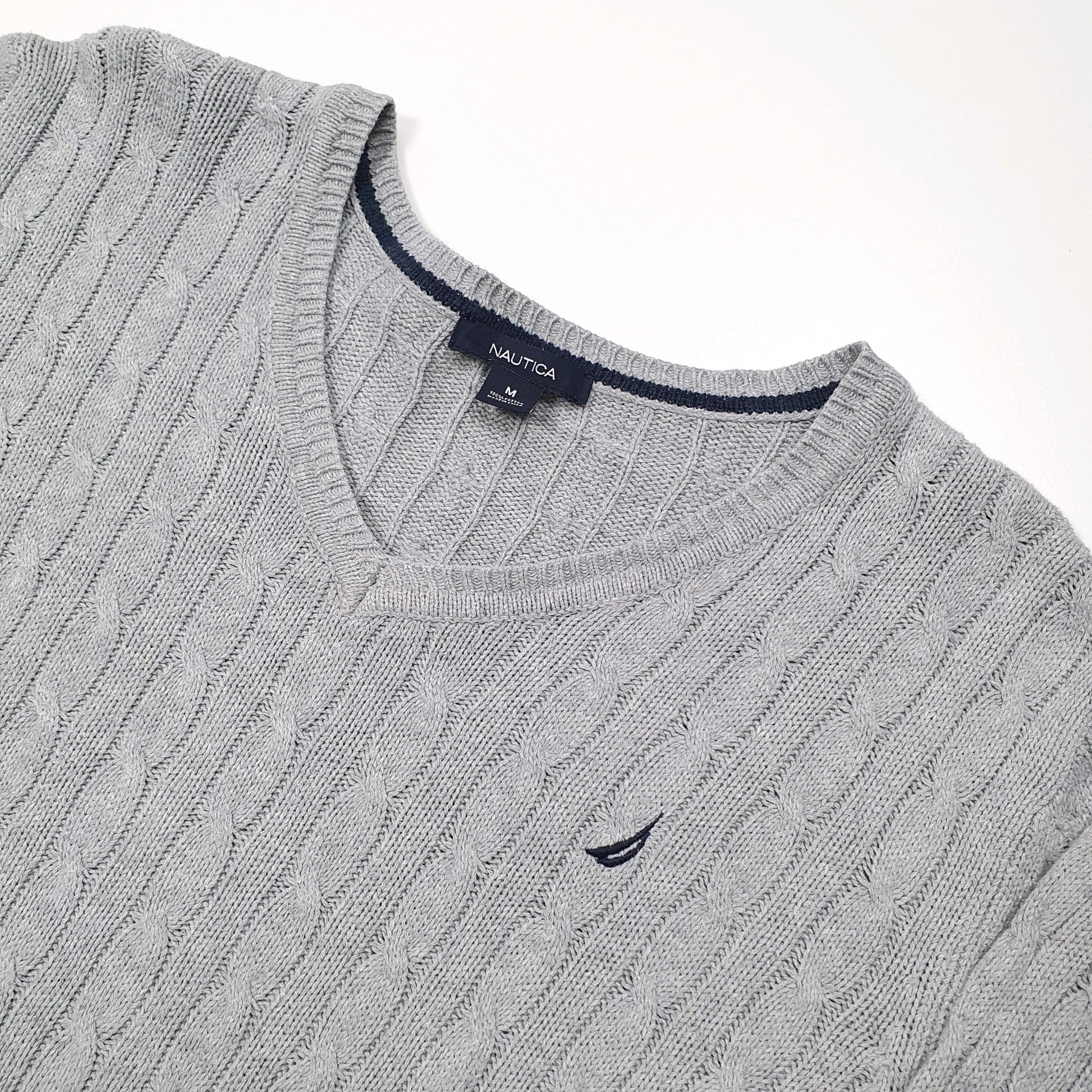 Nautica Cable Knit V Neck M Grey