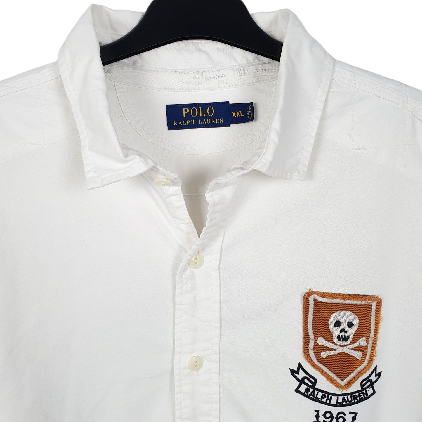 Mens White Ralph Lauren Oxford Skull Crossed Bones Polo Long Sleeve Shirt