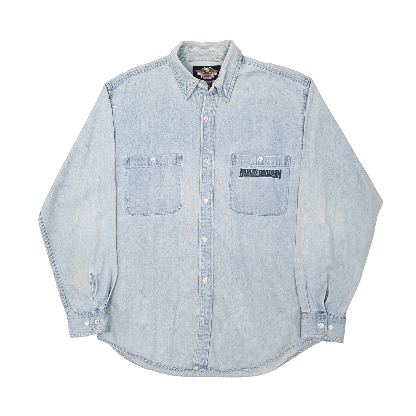 Mens Blue Harley Davidson Motorcycles Denim Overshirt Shacket Jacket Long Sleeve Shirt