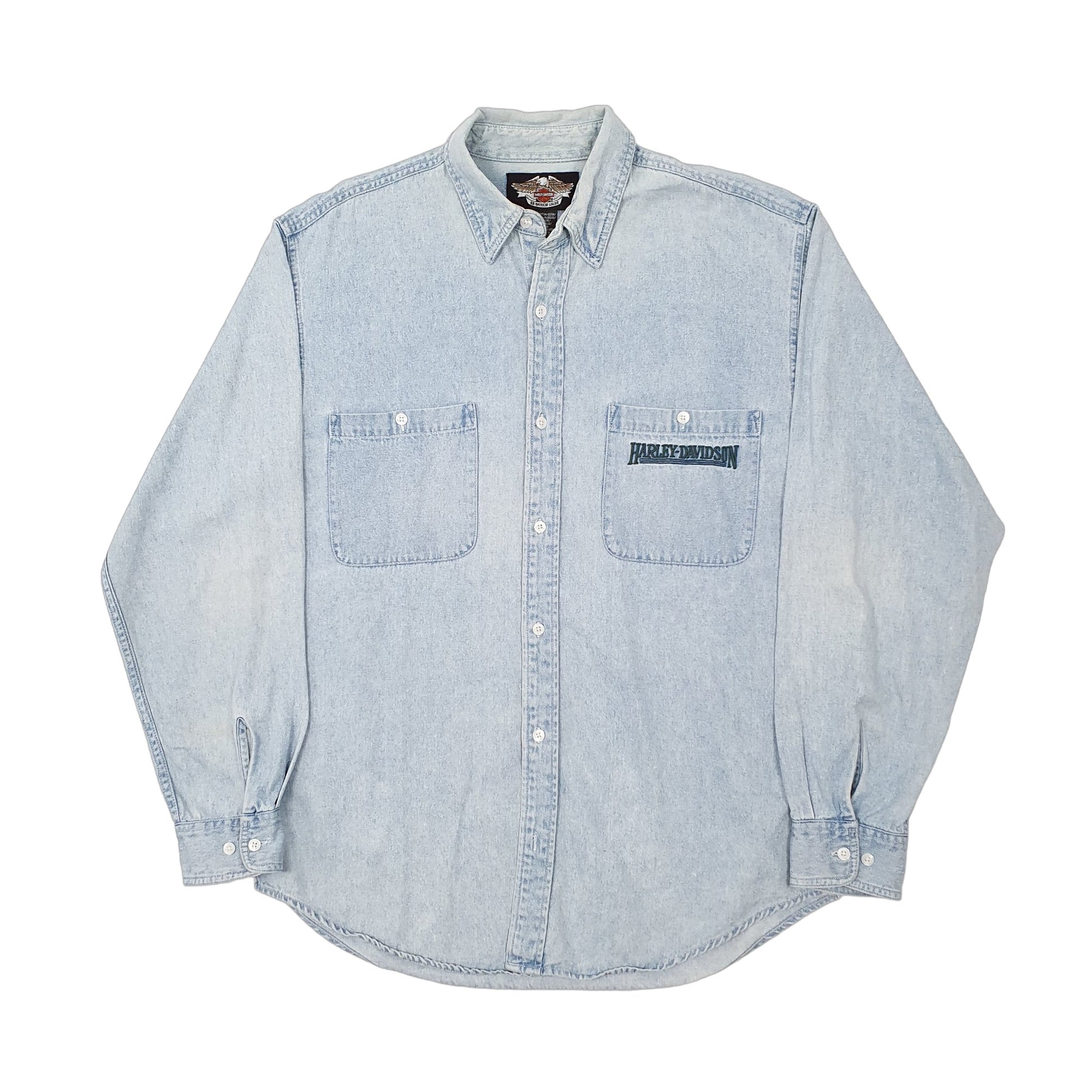 Mens Blue Harley Davidson Motorcycles Denim Overshirt Shacket Jacket Long Sleeve Shirt