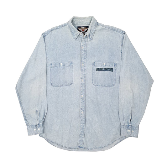 Mens Blue Harley Davidson Motorcycles Denim Overshirt Shacket Jacket Long Sleeve Shirt