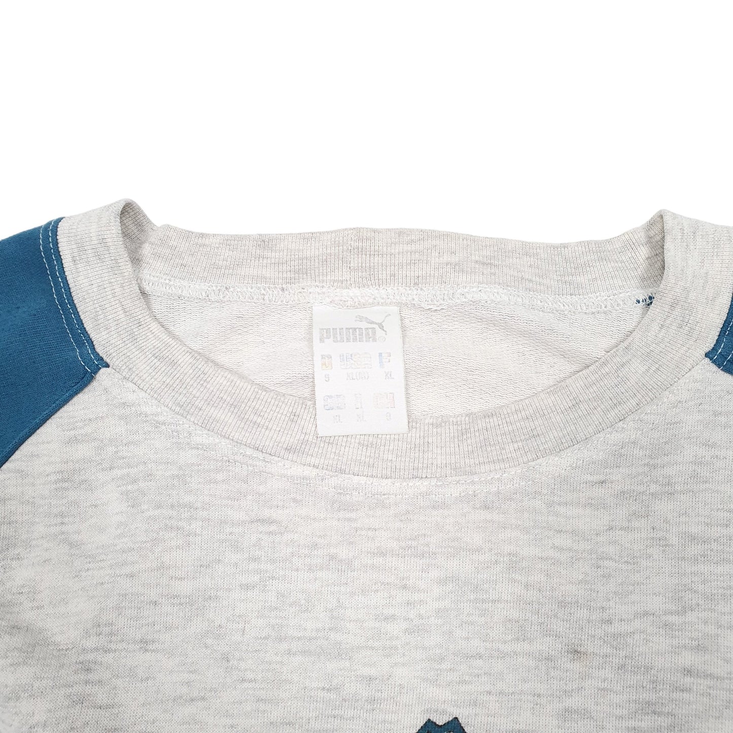 Mens Grey Puma Vintage Raglan 80s 90s Spellout Crewneck Jumper