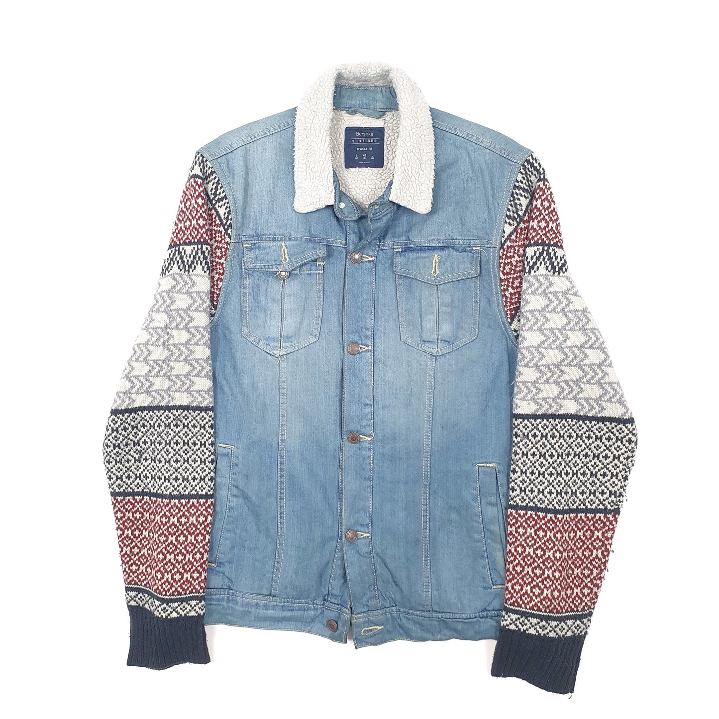 Womens Blue Bershka Sherpa Aztec Denim Jacket Coat