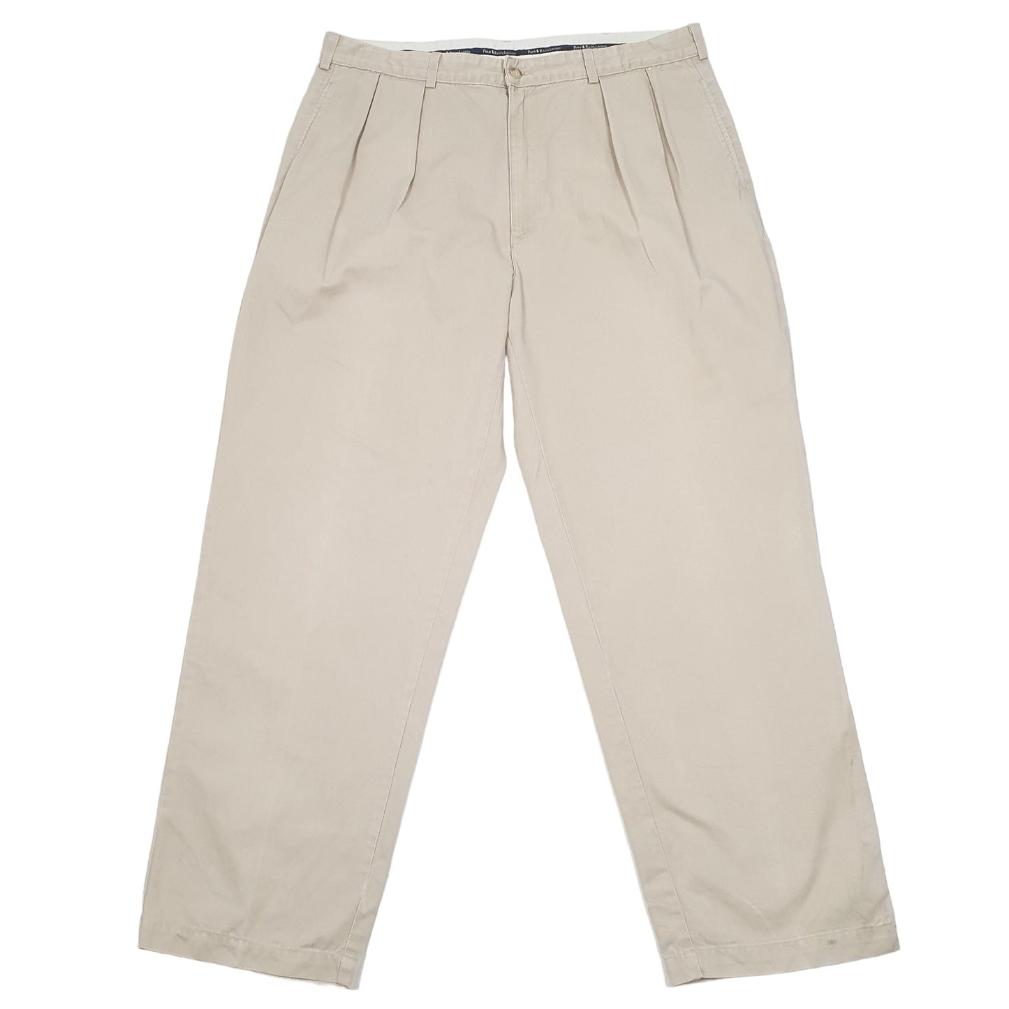 Mens Beige Polo Ralph Lauren Double Pleated Vintage Made In USA Polo Chino Trousers