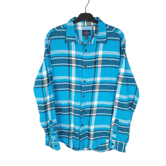 American Eagle Flannel Shacket Overshirt Long Sleeve Regular Fit Check Shirt Blue