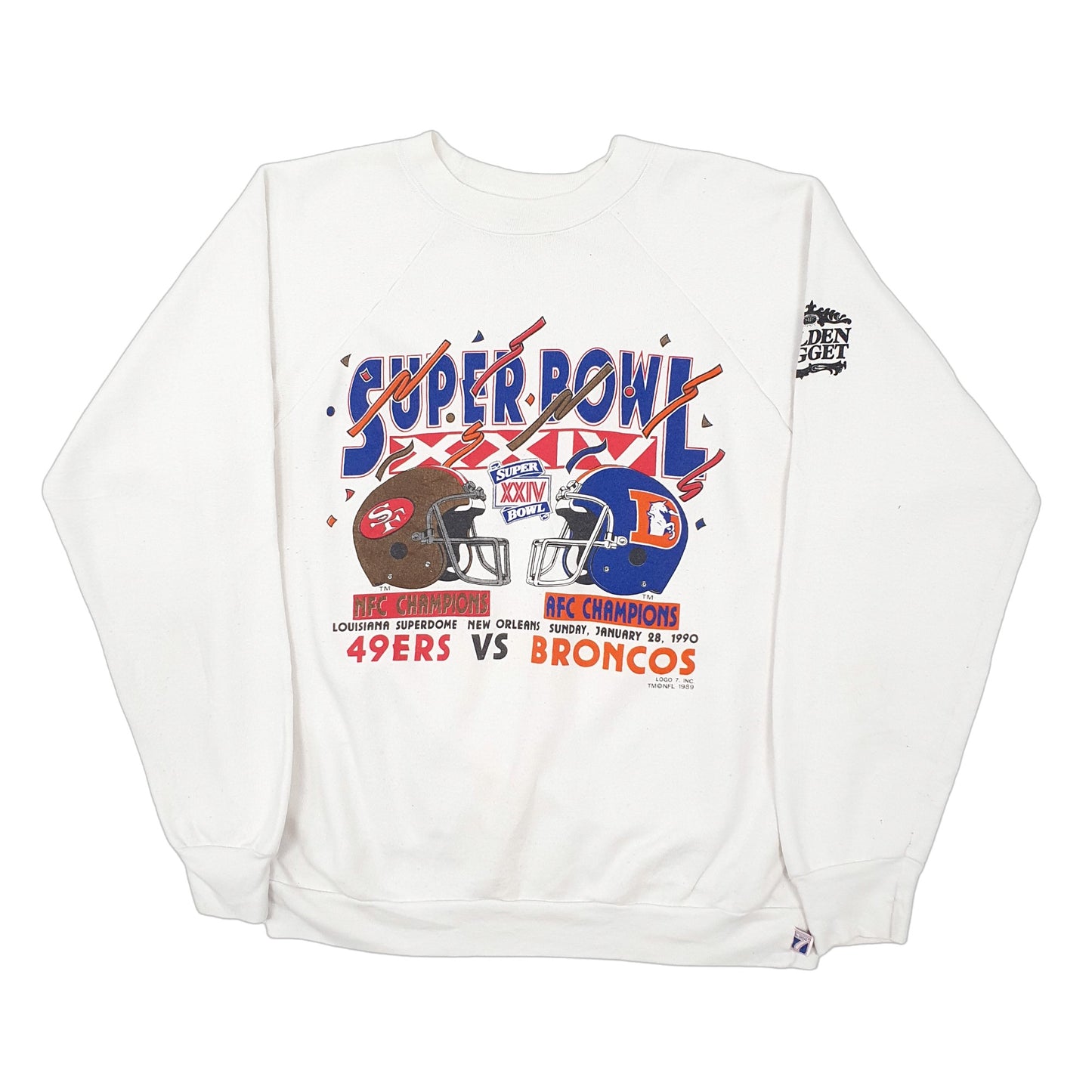 Mens White Logo 7 Vintage Made in USA 1990 Superbowl NFL Crewneck Jumper